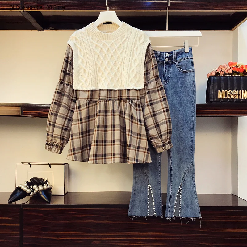 

Large size women's clothing 2020 new autumn clothing slightly sister fashionable age-reducing stitching knitwear jeans