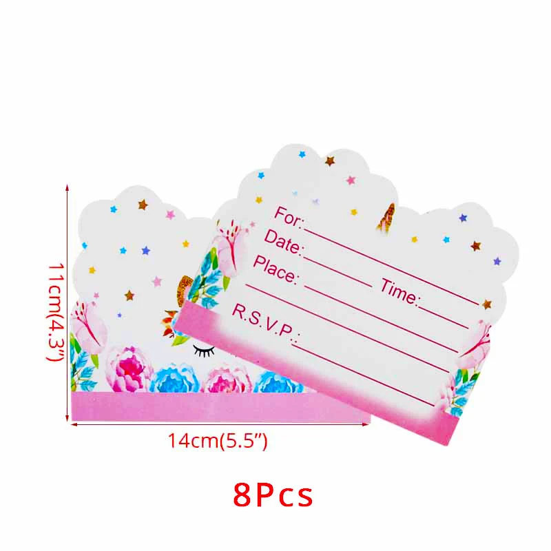 8pcs invite cards Одноразовая посуда с единорогом, вечерние принадлежности с единорогом, бумажные салфетки для стаканчиков, украшения для вечеринки в честь Дня Рождения - Цвет: 8pcs invite cards