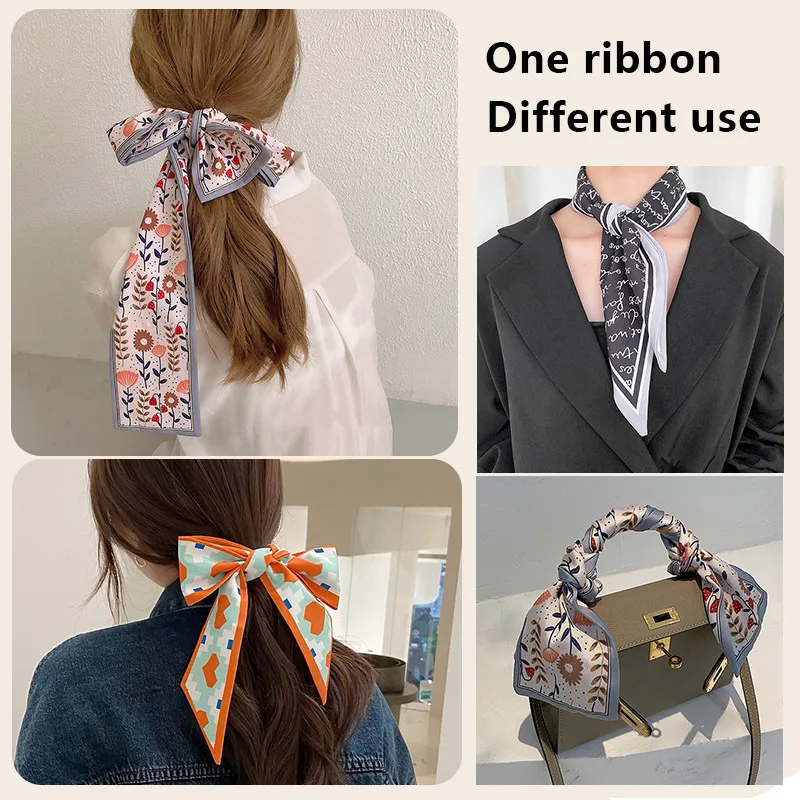 

2021 Satin DIY Floral Chiffon Silk Hair Ribbons Scarf For Women Girls Hairbands Scrunchies Ponytail Holder Hair Accessories