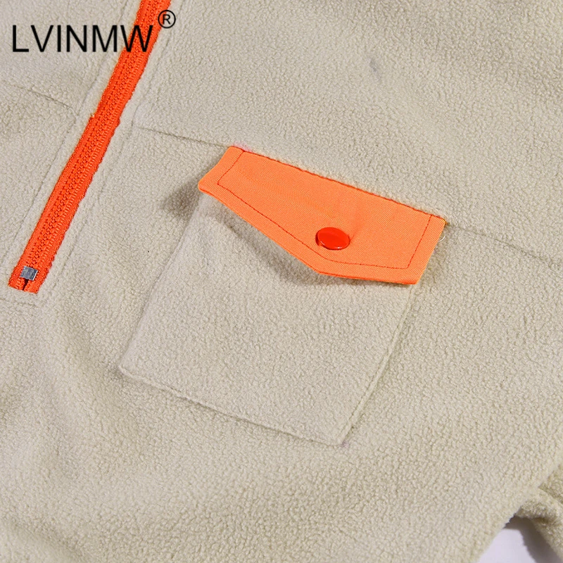 LVINMW Casual Fleece Stand Collar Zipper Pocket Patchwork Pullover Autumn Winter Long Sleeve Crop top Femlae Streetwear Tops | Женская