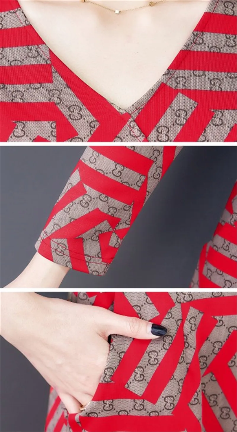 

dress for women long Autumn new Korean ladies Knitting Full sleeved dress elegant fashion Printing Spring V-neck belt vintage