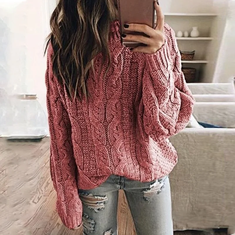 Женский вязаный свитер с высоким воротником однотонный Свободный пуловер