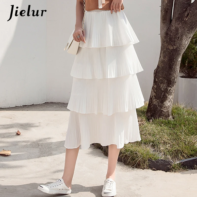 

Jielur Harajuku Cake Pleated Skirt Women Polka Dot Black White Chiffon Faldas Mujer High Street Spring Summer Black Skirt Korean