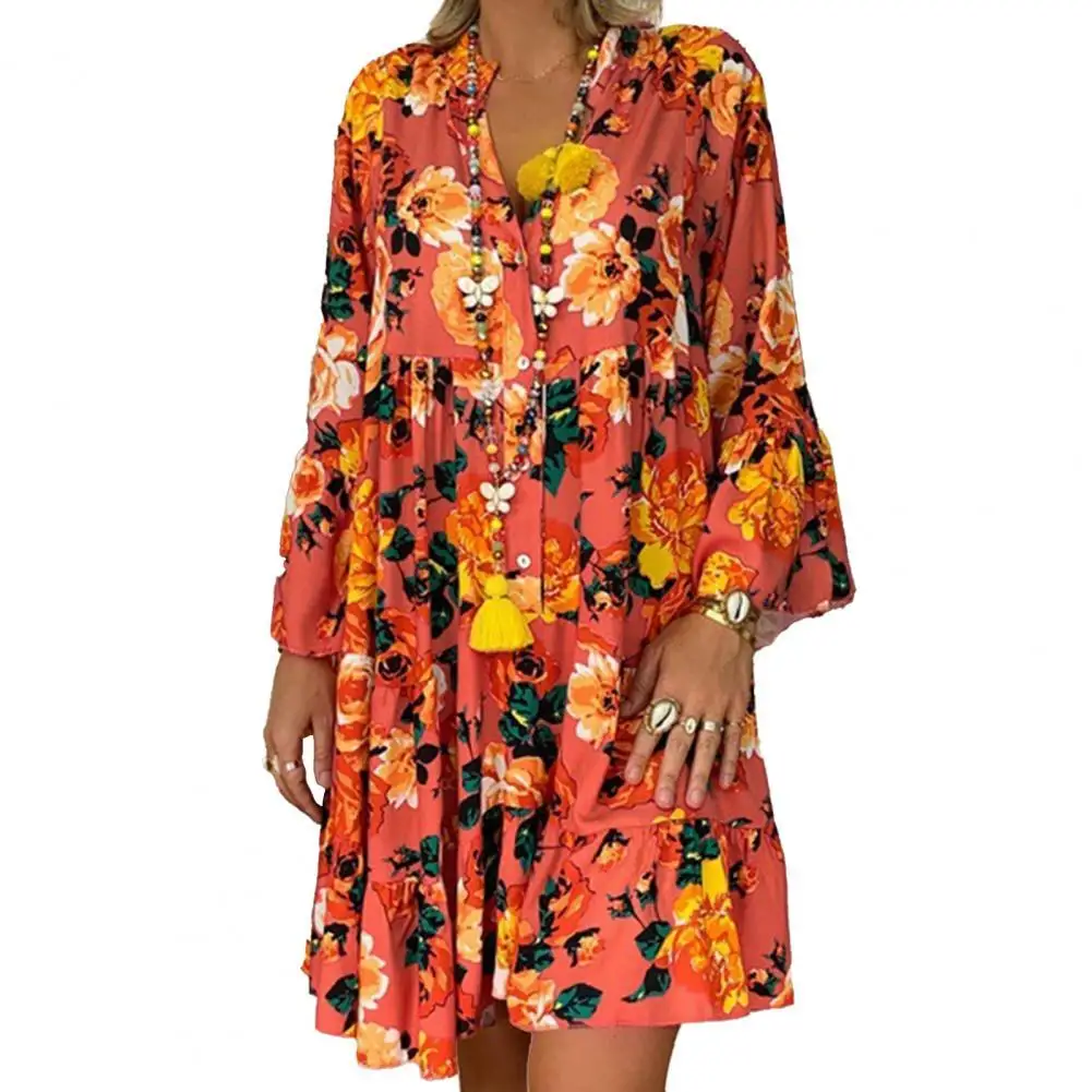 

Elegant Women Mini Dress Vintage Flower Print Ruffled Female Sundress V Neck Long Sleeve Buttons Women Dresses Office
