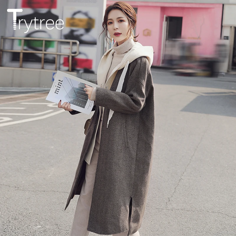 Trytree/осенне-зимнее женское повседневное пальто на молнии с капюшоном и карманами