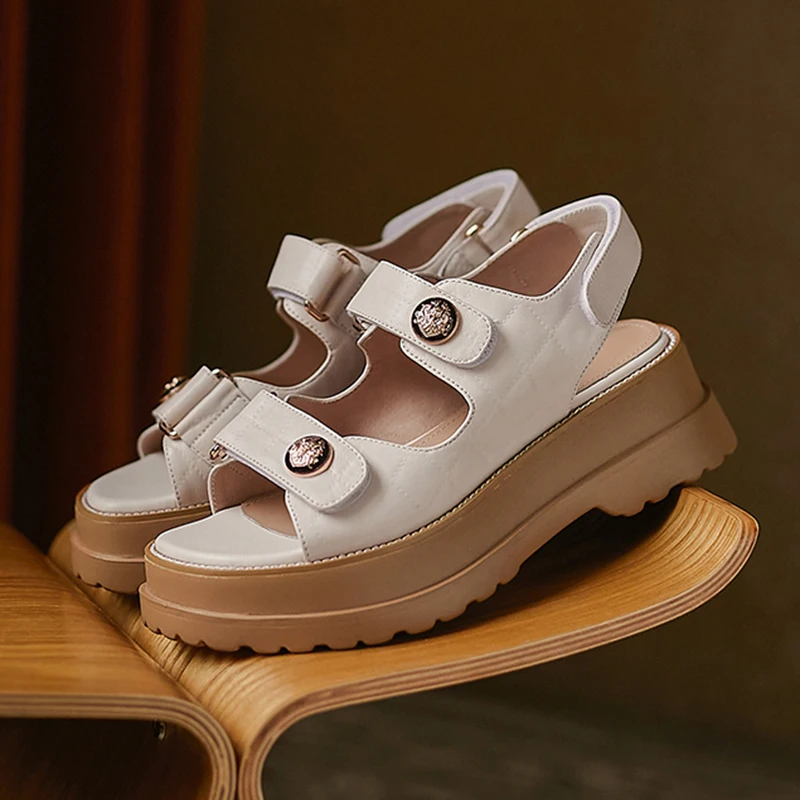 

Sheepskin Genuine Leather Punk Gothic Sandals Women Chunky High Heels Platform Shoes Button 2021 Summer Plus Size 34-42