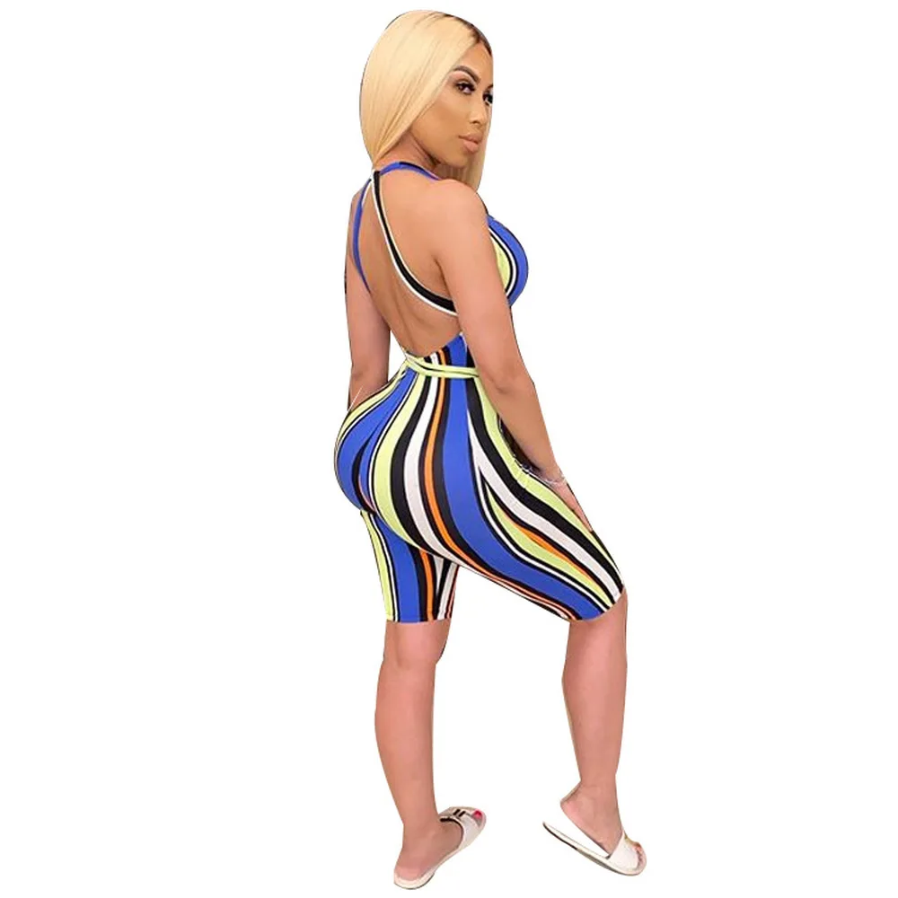 

Backless Stripe Splice Fitness Bodysuit Women Sexy Deep V Neck Sleeveless Bodycon Jumpsuit Casual Skinny Beach One Piece Overall