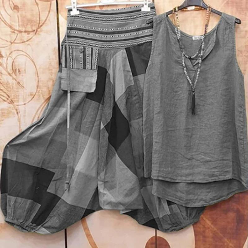 Retro Ethnic Plaid Print Cotton Linen Homewear Set Women O Neck Sleeveless Top + Harem Pants Suit Spring Summer 2pcs Pajamas Set