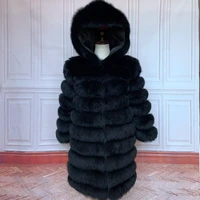 90cm real fur long coat with hood natural fox fur jacket hood plus size female high quality winter jacket real fur vests