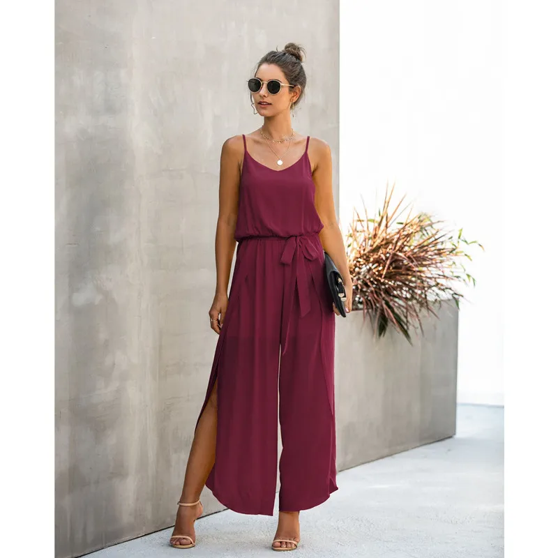 

Plus Size Women Side Splited Wide Leg Strappy Jumpsuit Summer 2020 New Sashes Solid Color High Waist Cotton Jumpsuits Womens