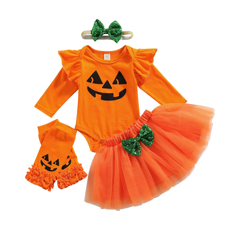 

Baby Girl Halloween Clothes Set Pumpkin Bodysuit Romper Tutu Skirt Headband Leg Warmer 0-24M Newborn Toddler Festival Costume