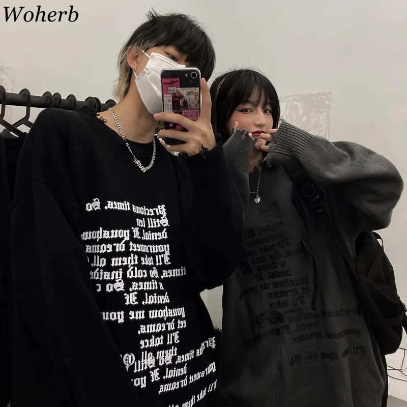 Woherb новый модный рваный свитер с надписью для женщин и мужчин топы пар джемпер Goth