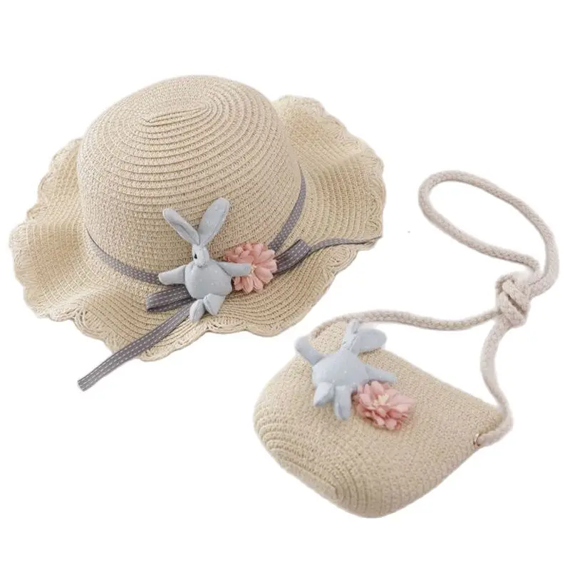 

Europe America Cartoon Flower Ribbon Children Sun Hat Bag Set Spring Summer Brand Wide Brim Kid Straw Hats For Girl Aslant Bag