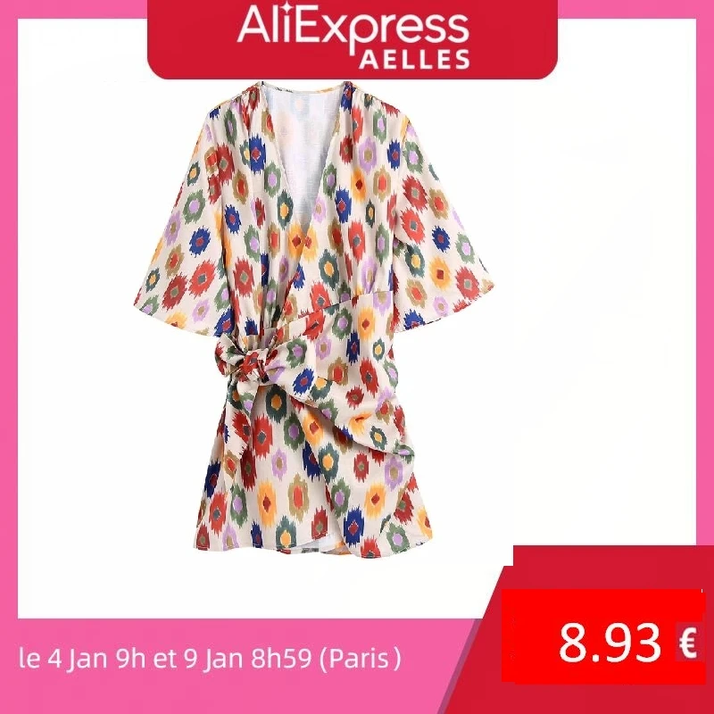 

ZEVITY New Women Vintage Cross V Neck Geometric Print Bow Tied Slim Mini Dress Female Short Sleeve Casual Kimono Vestidos DS8691