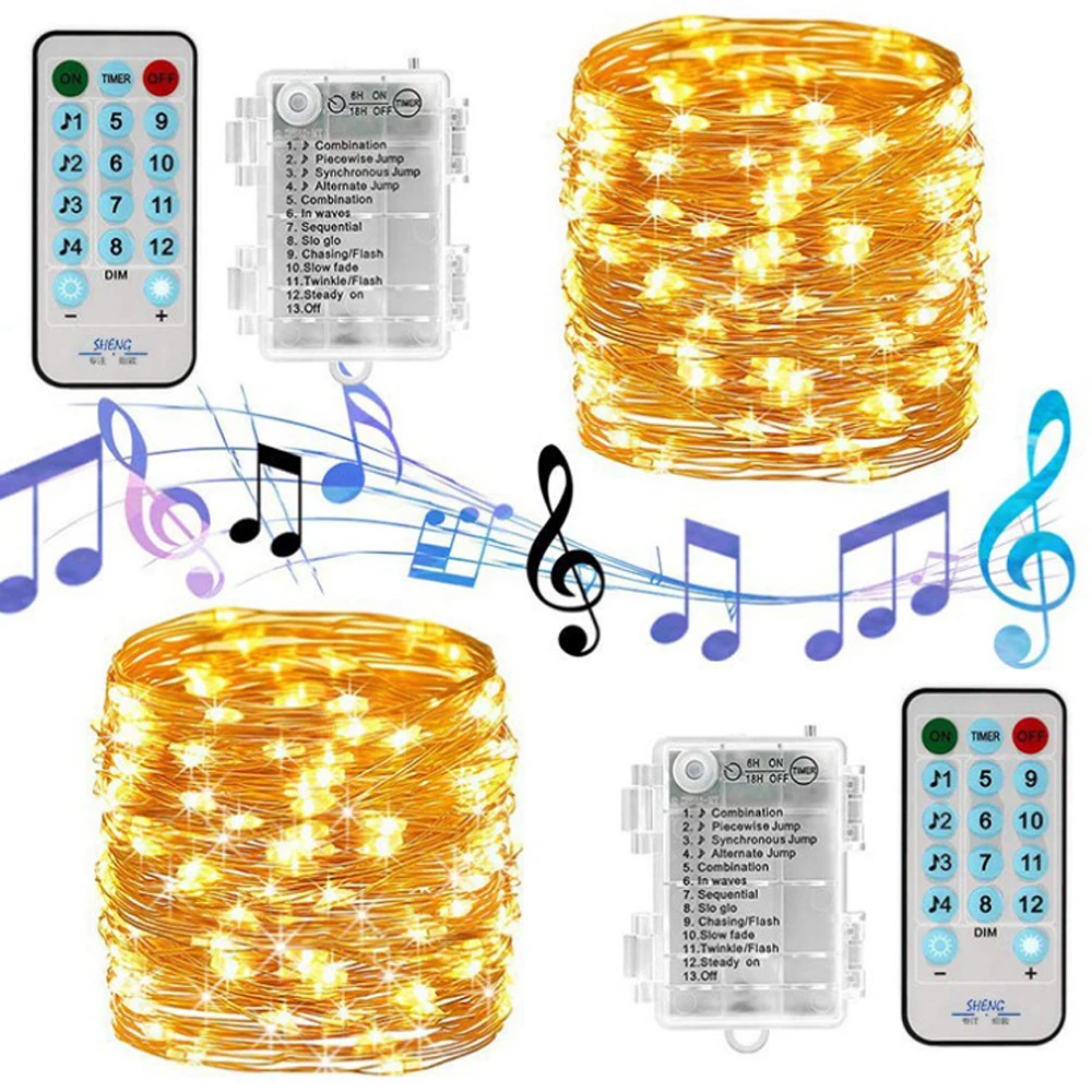 Sound Activated LED Music String Lights 5M 10M 12 Modes Waterproof Copper Wire Twinkle String Lights For Party Christmas Wedding