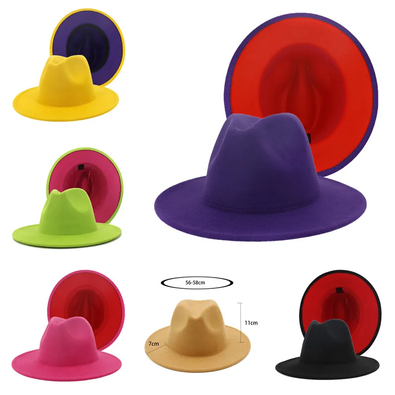 

50PCS Patchwork Felt Hat Women Men Wide Brim Wool Jazz Fedora Hats Panama Trilby Cap Trend Gambler Hat Wholesale