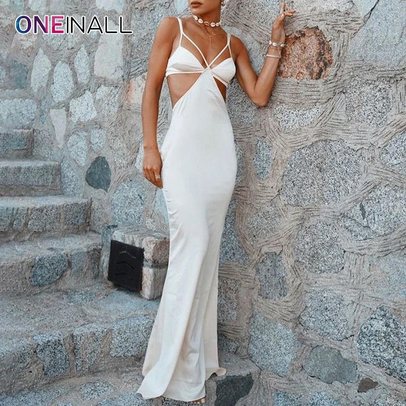 

ONEINALL Hollow Out Sexy Dress For Women Sleeveless Square Collar High Waist Backless Slim Maxi Dresses Female New 2021 Summer