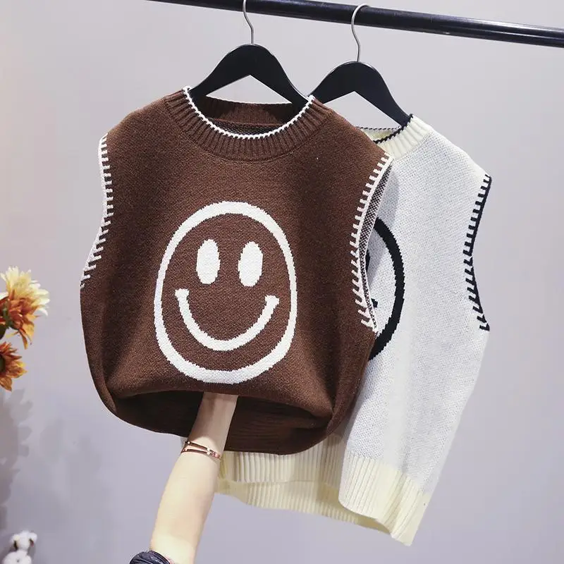 

Женский жаккардовый жилет с круглым вырезом, свободный короткий Трикотажный жилет с мультяшным рисунком смайлика в Корейском стиле, весна ...