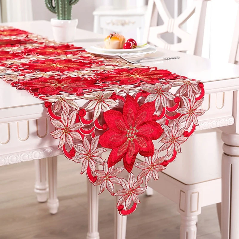 

Double Thickness Red Rustic Cutwork Embroidered Floral Table Runners Christmas Decorations High Quality For Home Dining
