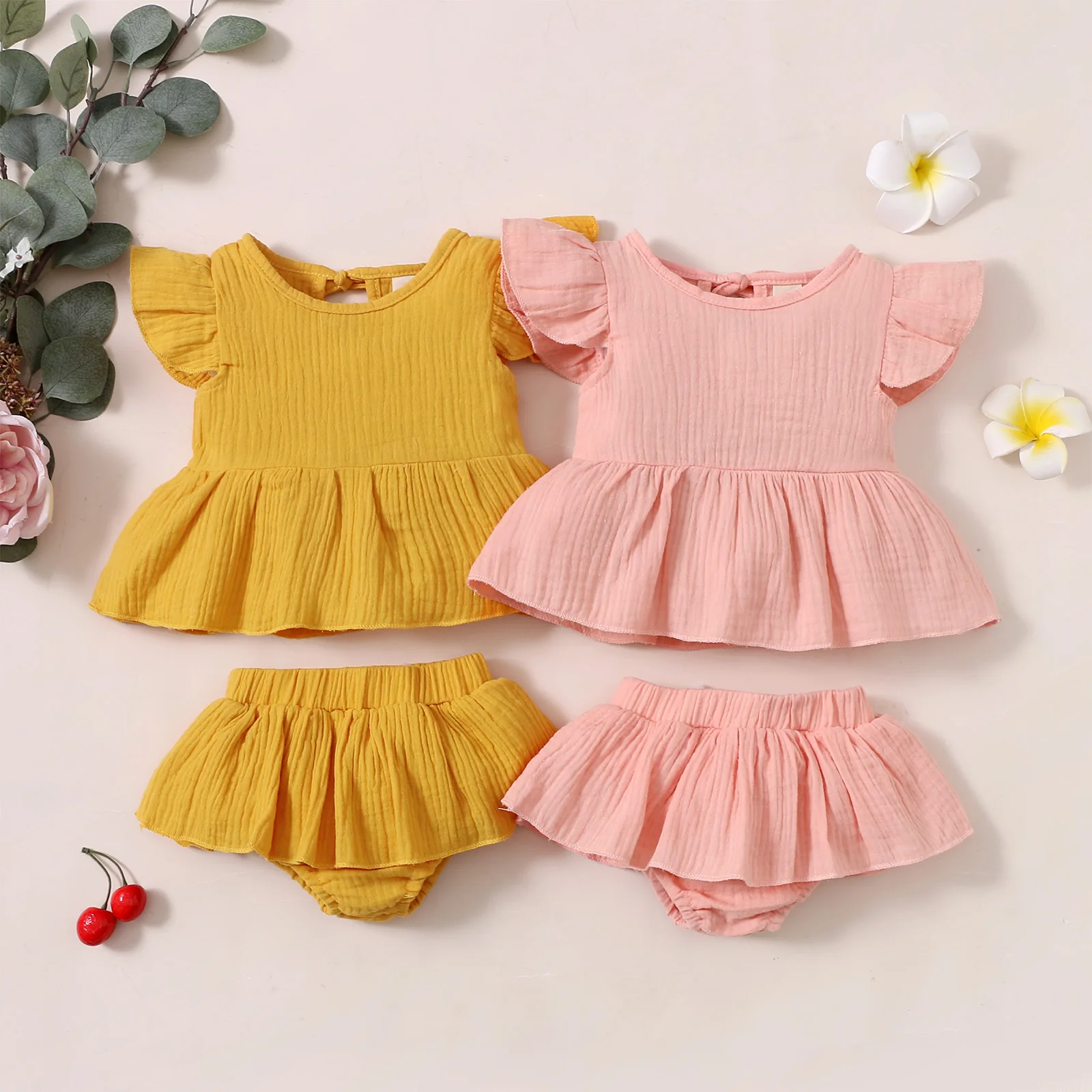 

Infant Kids Baby Girls Clothing Shorts Set Solid Color Flying Sleeve Round Neck Ruffle Hem Tops with Elastic Waistband Shorts