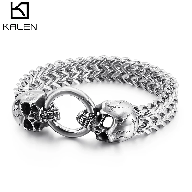 

KALEN Punk Stainless Steel Skull Charm Bracelet Men Mesh Chain Bangle Man Jewelry Accessories