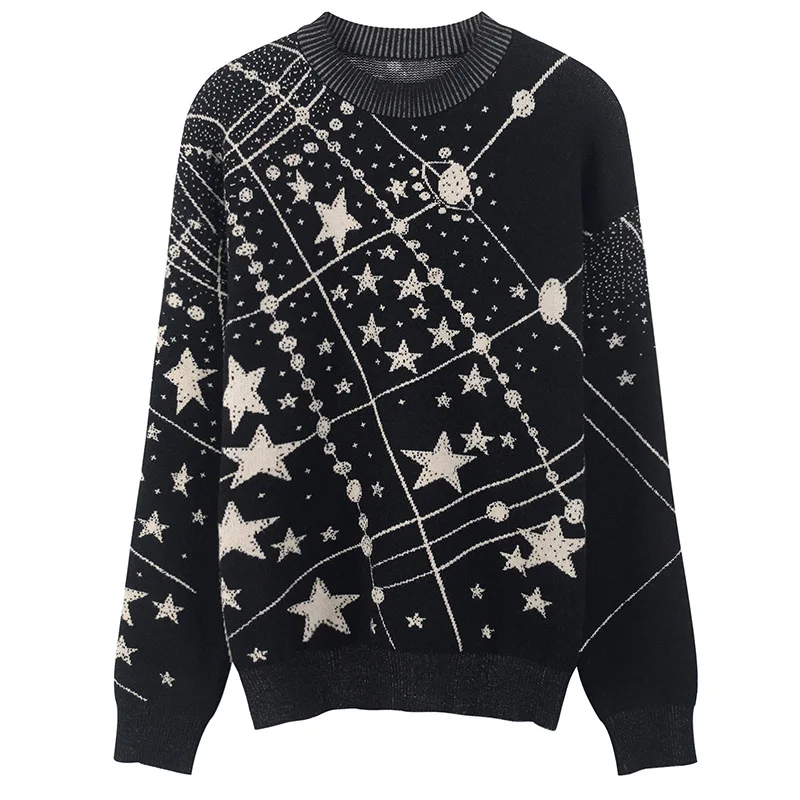 Retro Galaxy Star Pattern Sweater Women Vintage Long Sleeve Jumpers 2021 Autumn Winter Ladies Jacquard Sweaters Pullovers C-285 | Женская