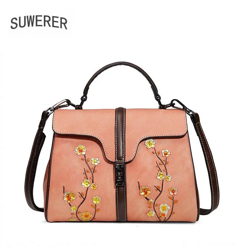 

SUWERER 2019 New designer bags famous brand women bags Genuine Leather handbags cowhide Embossed bag women leather shoulder bag