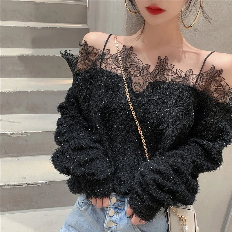 

Chic Lace Shirts Ladies Casual Slash Neck Blouse and Tops Women Long Sleeve Retro 2021 Spring Korean Style Shirt Female Elegant