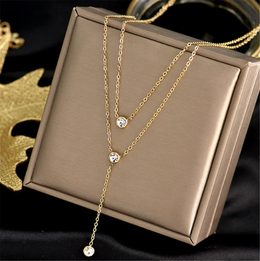 Двухслойное ожерелье с двойным кулоном из нержавеющей стали 316L цирконом и слоем