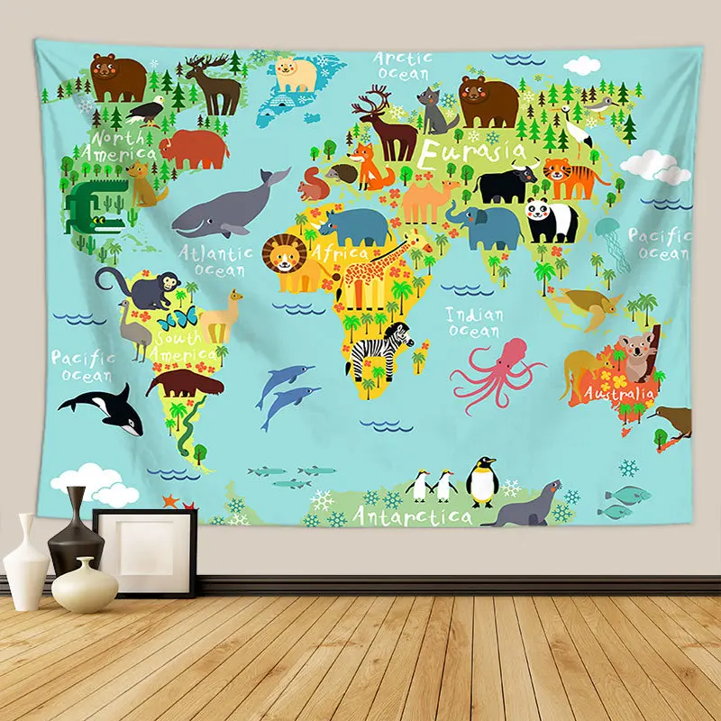 Animals World Map Tapestry Wall Hanging Children's Room Decor Cartoon Cute Backdrop Cloth Printed Polyester Beach Towels Carpets