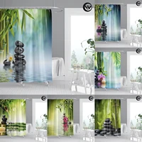 wholesale bamboo white flower nature hotel bath shower curtain washable printed zen vintage bathroom curtains