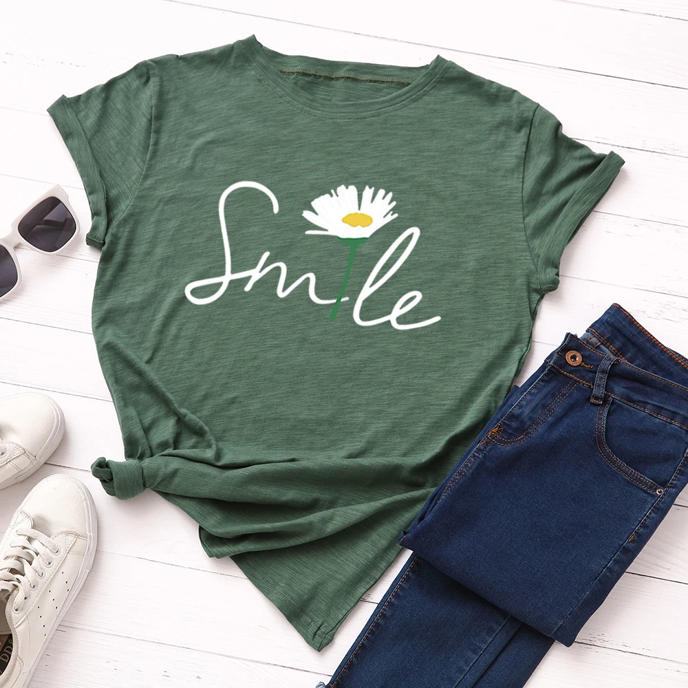 

Women Short Sleeve Cotton T-Shirts Graphic Tees Summer Tee Tops for Female Casual Oversized Clothes Letter Smile Flower Printed