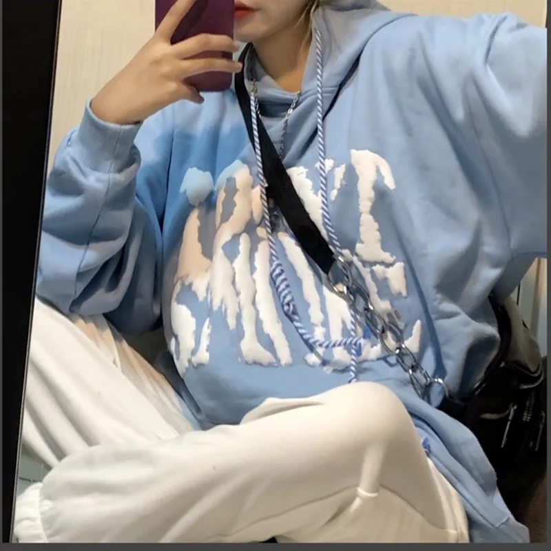 

Women Printed Hoodies Blue Fresh Hooded Spring Ins Slouchy Baggy Lovely Girls Teenagers Females Sweatshirts New-arrival Popular