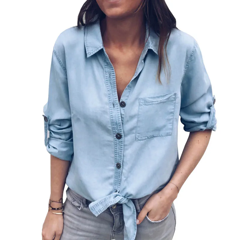 2019 повседневная женская синяя блузка с длинным рукавом и отложным воротником