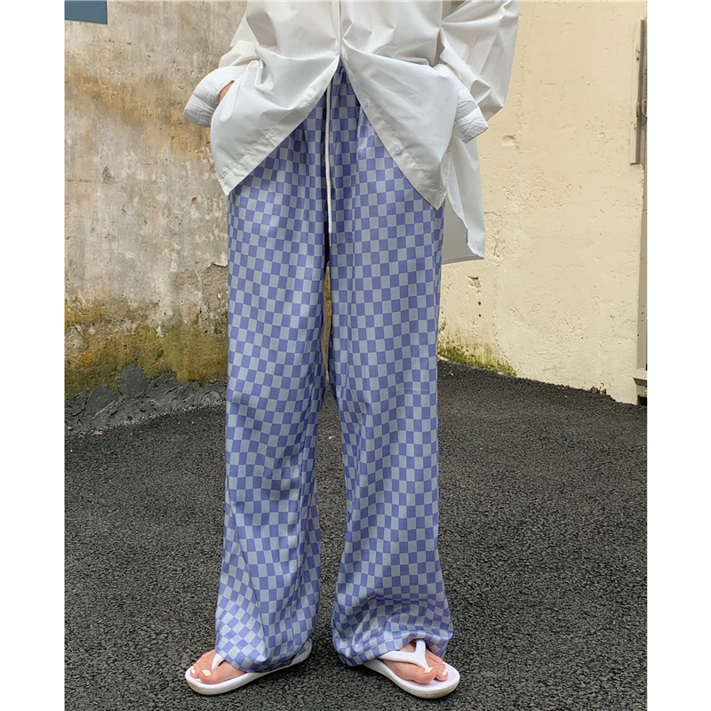 

All-match rest trousers thin straight-leg lattice straight-leg wide-leg trousers 2021 summer Korean fashion women's clothing