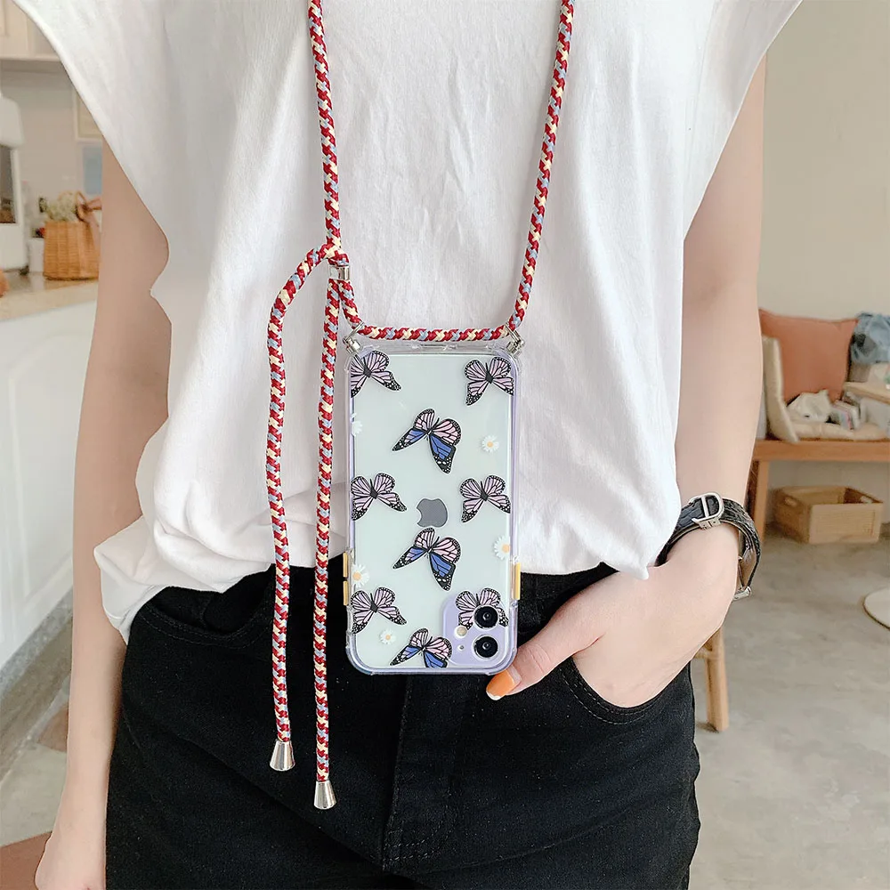 

Butterfly Daisy Strap Cord Chain Transparent Phone Case For iPhone 12Pro XS Max XR X 7 8 Plus 11 SE Neck Lanyard Carry Hang Case