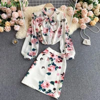 women graceful print 2 pieces skirts set spring summer 2021 office lace lace up bow knot full sleeve shirt high waist skirt suit