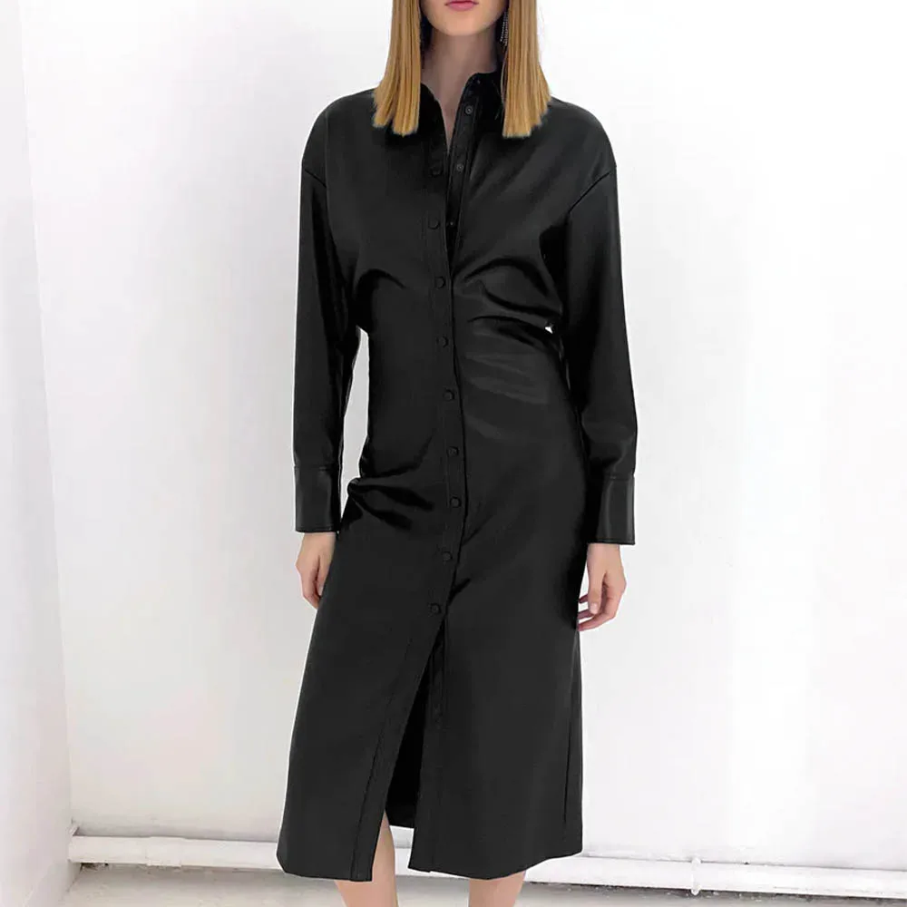 

Za Women's 2021 Spring and Autumn New Imitation Leather Lapel Midi Dress Fashion Temperament Pure Color Female Chic Long Skirt