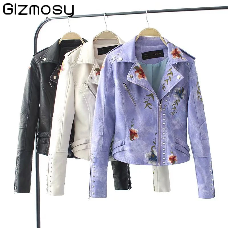 Gizmosy Женская куртка из мягкой искусственной кожи с цветочным принтом и вышивкой