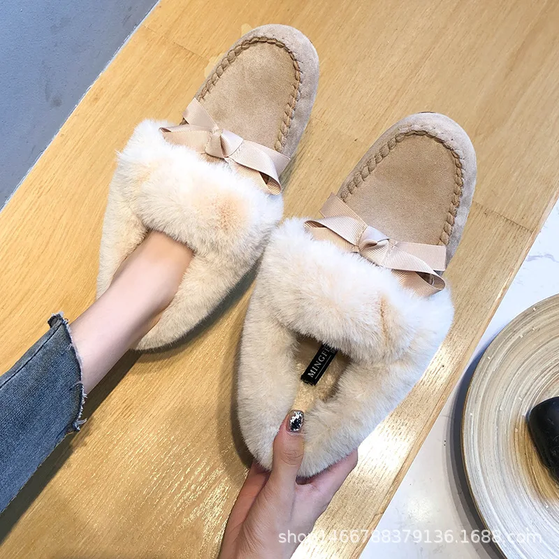 

Big Size 35-42 Bow-knot Winter Cotton Shoes Women Fur Flats Warm Plush Loafers Non-slip Add Cashmere Pregnant Shoes Female