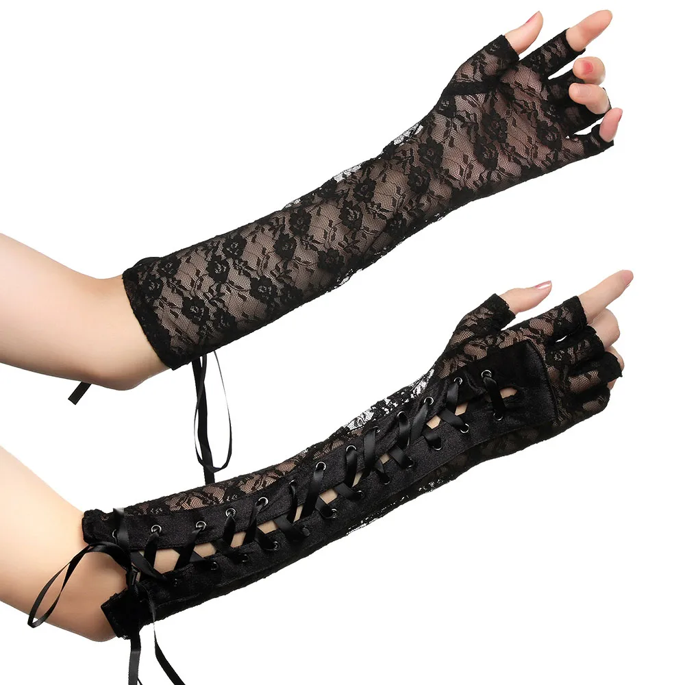 

2021 Womens Lace Fingerless Gloves Elbow steampunk for Party Sexy Mittens Clubwear Cosplay Costumes Accessories