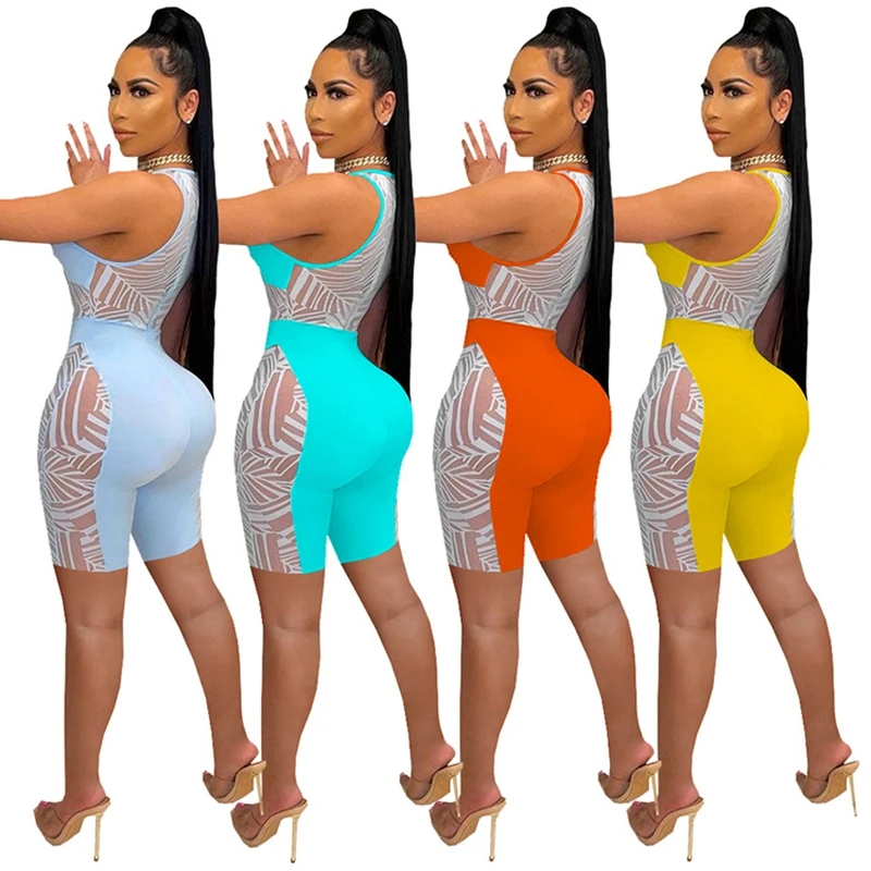 

HAOYUAN Sexy Patchwork Bodycon Playsuit Summer Clothes for Women Sleeveless Cut Out Club Outfits One Piece Party Short Rompers