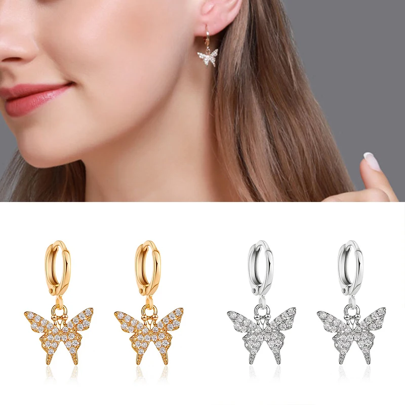 Золотые женские серьги бабочки темпераментные кольца висячие разноцветные