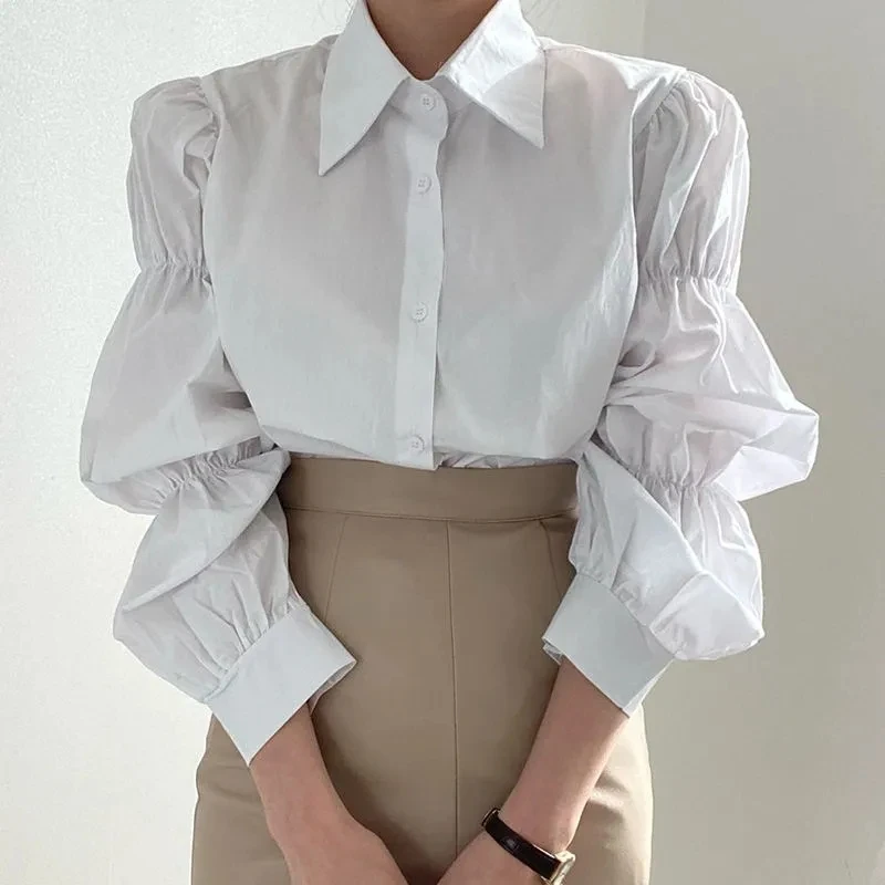 

Zaily 2021 Summer Women Fashion White Puff Sleeve Turn-down Collar Shirt Long Sleeve Casual Shirts Lightweight Blouse
