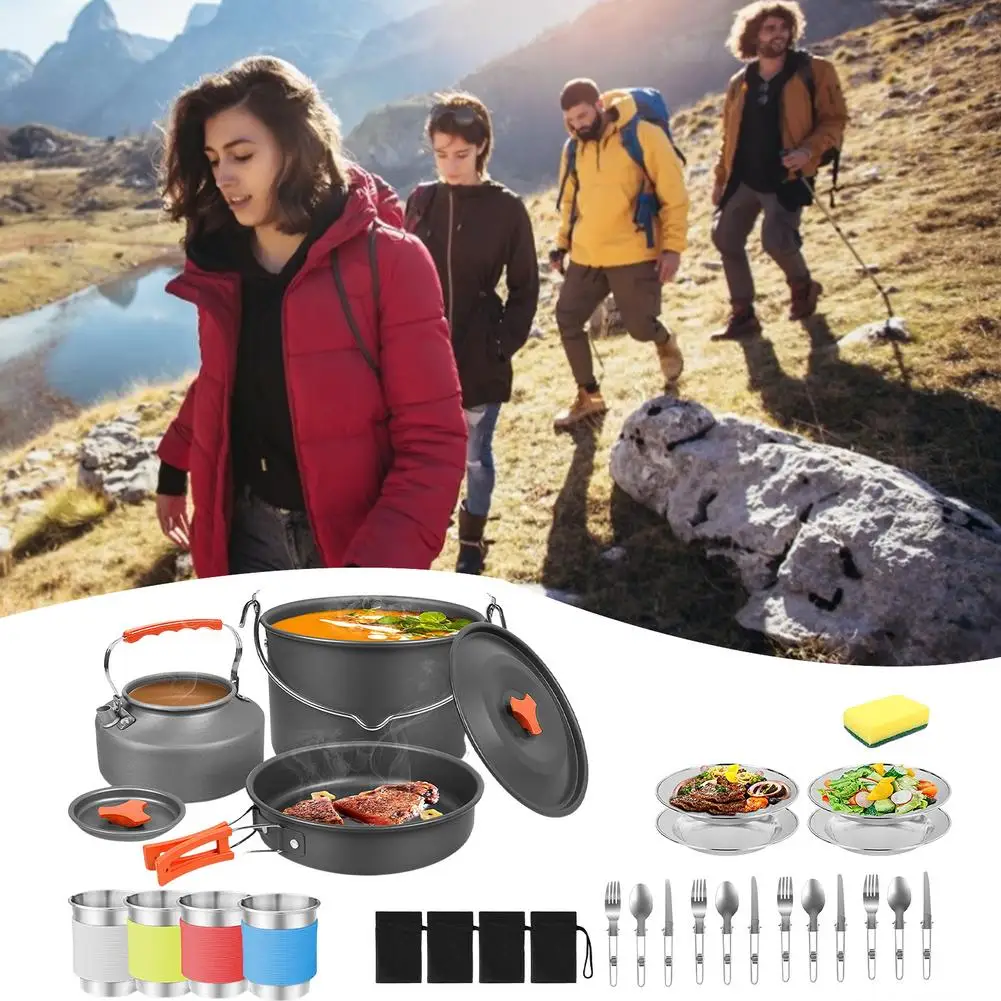 

21pcs/set Camping Cookware Cooker Set Fork Knife Folding Tableware Kit Outdoor Camping Picnic Pans Pots Teapot Kettle Cup Bottle