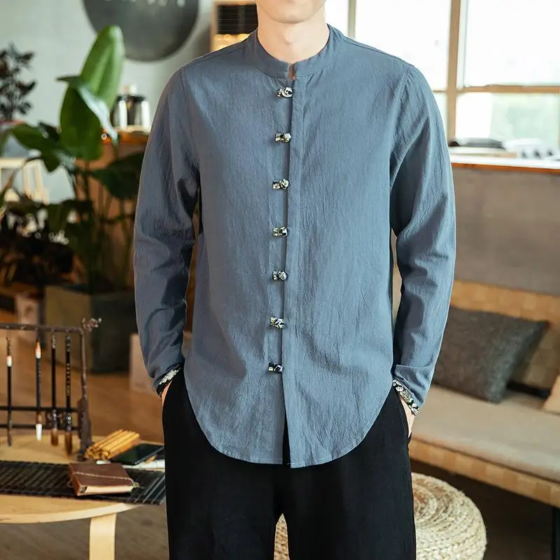 M-5XL Plus Size Vintage Mens Office Shirts Long Sleeve Chinese Collar Single Breasted Linen For Men Autumn Streetwear | Мужская одежда