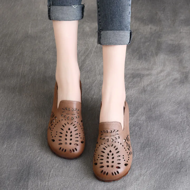 

Women Leather Flats Embroidery Low Heels Beige Shoes For Women Spring Ballat Flats Handmade Summer Shoes Ladies Hollow Out Flat