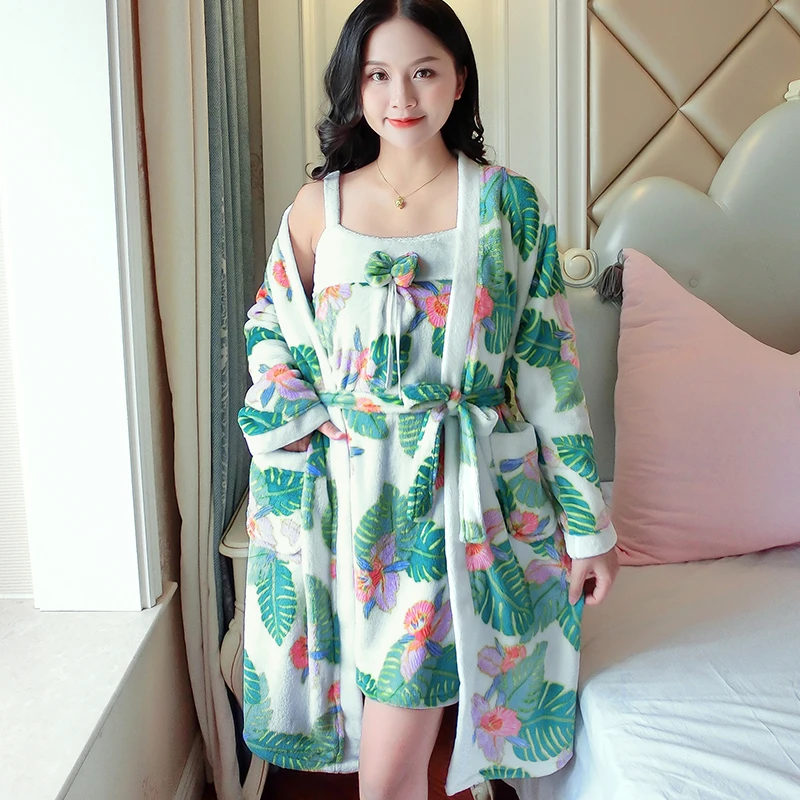 Warm Flannel Robe Set Winter Floral Robe Thicken Sexy Nightgowns Bathrobe Women Pajamas Bath Flannel Sleepwear Womens Homewear