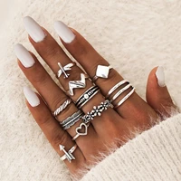 10 pcsset vintage knuckle ring set for women antique silver color alloy heart love flower airplane pattern finger rings jewelry