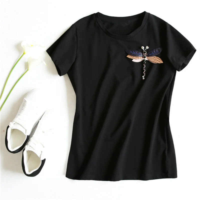 Женская хлопковая Футболка с рисунком стрекозы черная или белая Повседневная